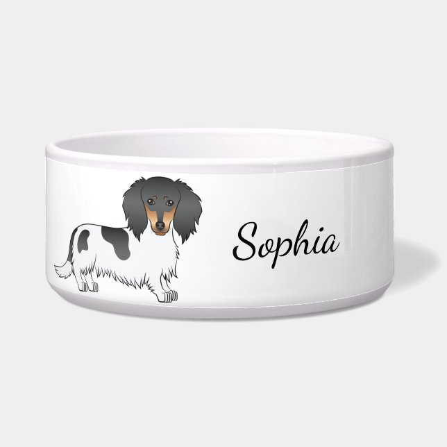 Tigela Dachshund E Nome De Cabelo Longo Preto E Tano (Frente)