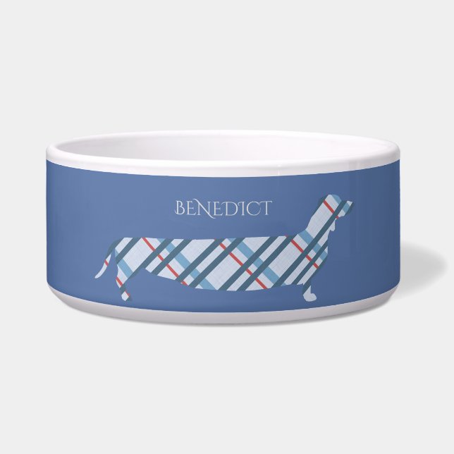 Tigela Dachshund Xadrez em Azul Personalizado (Frente)