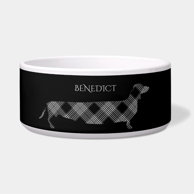 Tigela Dachshund Xadrez em Preto Personalizado (Frente)