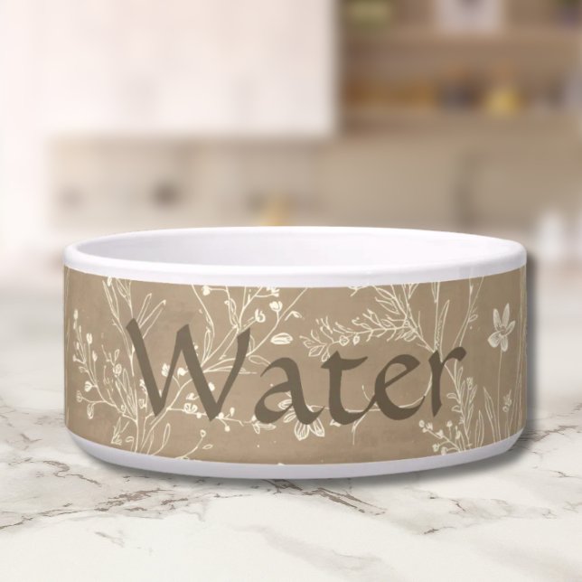 Tigela de Água para Cachorro - Botânico Marrom. Pe (Personalized Brown Botanical Pet Water Bowl)