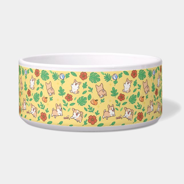 Tigela de Cachorro Corgi Floral de Verão Presente  (Frente)
