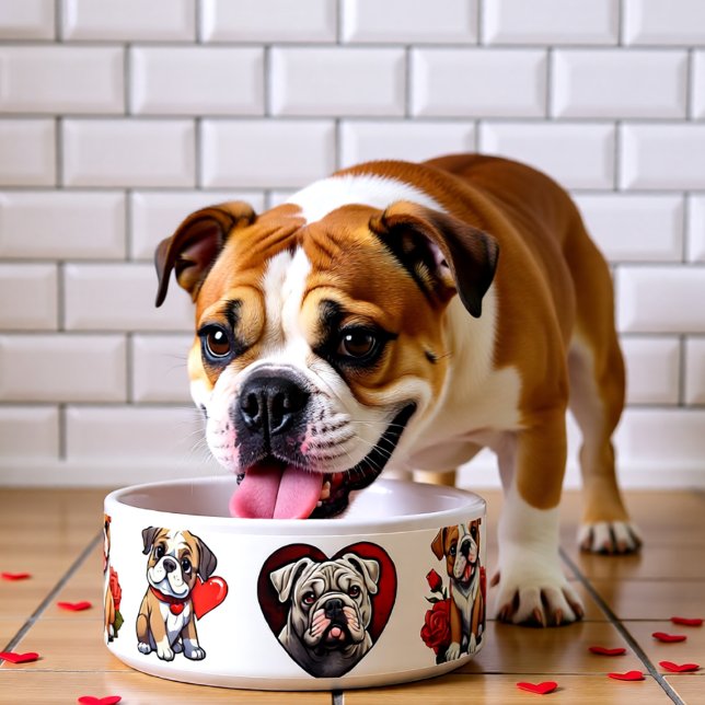tigela de cão Bulldog namorados (Bulldog Valentine Heart Art Personalized Pet Bowl)