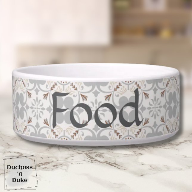 Tigela de comida para cachorro personalizada em az (Dog Food Bowl - Gray Spanish Tile Personalized)