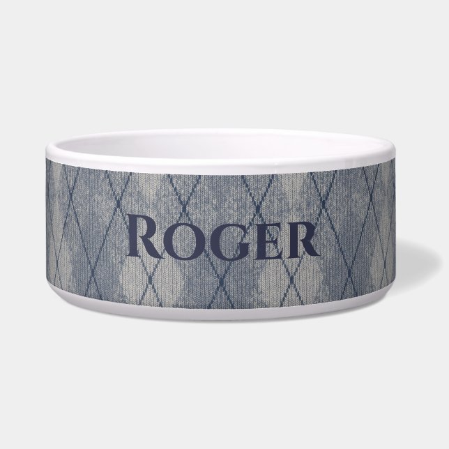 Tigela de comida para pet com look argyle cinza e  (Frente)