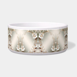 Tigela de Estimação Floral Branca Ornamentada