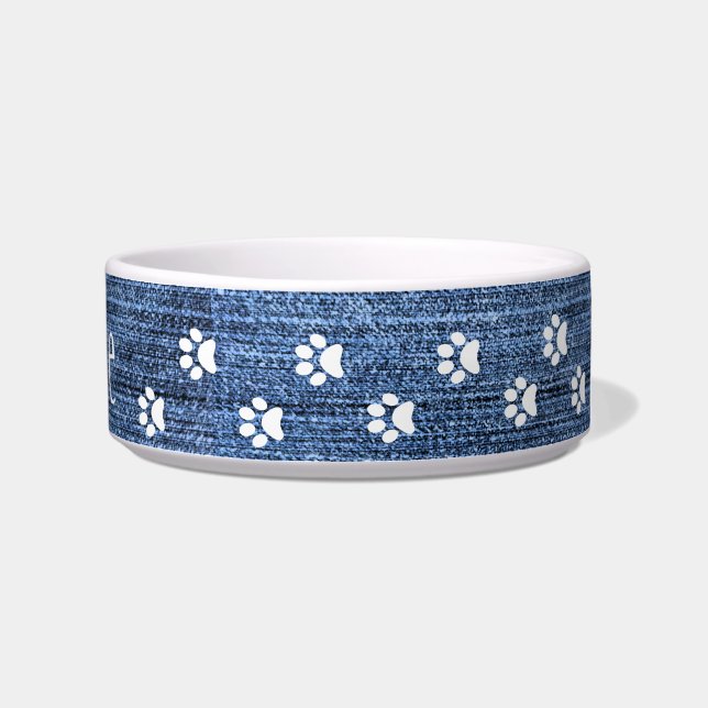 Tigela Denim e White Paw Imprime Design Pet Bowl (Direita)