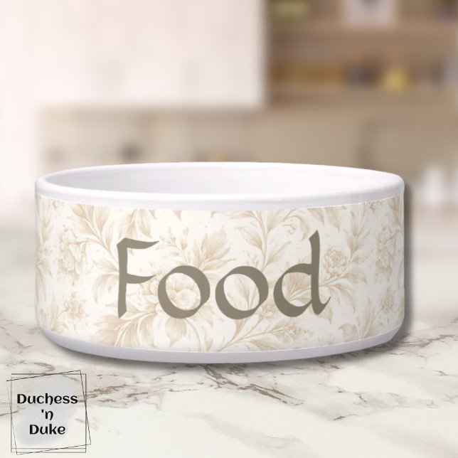 Tigela Dog Food Bowl - Ivlry Botanical, Name  (Dog Food Bowl with ivory botanical design displayed on marble counter top)