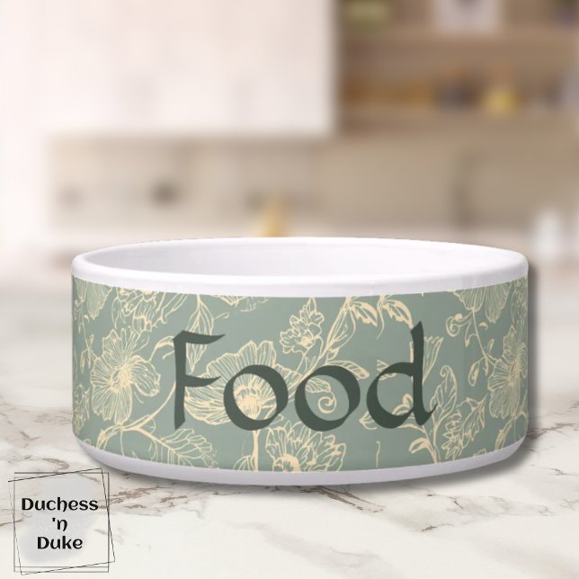 Tigela Dog Food Bowl - Sage Green Botanical, Name  (Personalized Sage Green Botanical Food Pet Bowl on marble counter top)