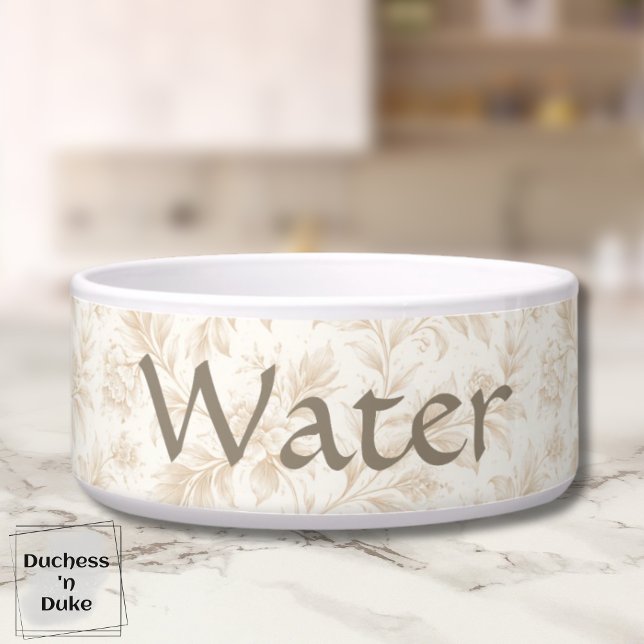 Tigela Dog Water Bowl - Ivory Botanical, Name  (Dog Water Bowl with ivory botanical design displayed on marble counter top)