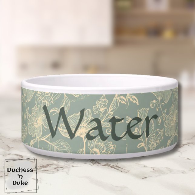 Tigela Dog Water Bowl - Sage Green Botanical, Name  (Personalized Sage Green Botanical Water Pet Bowl on marble table top)
