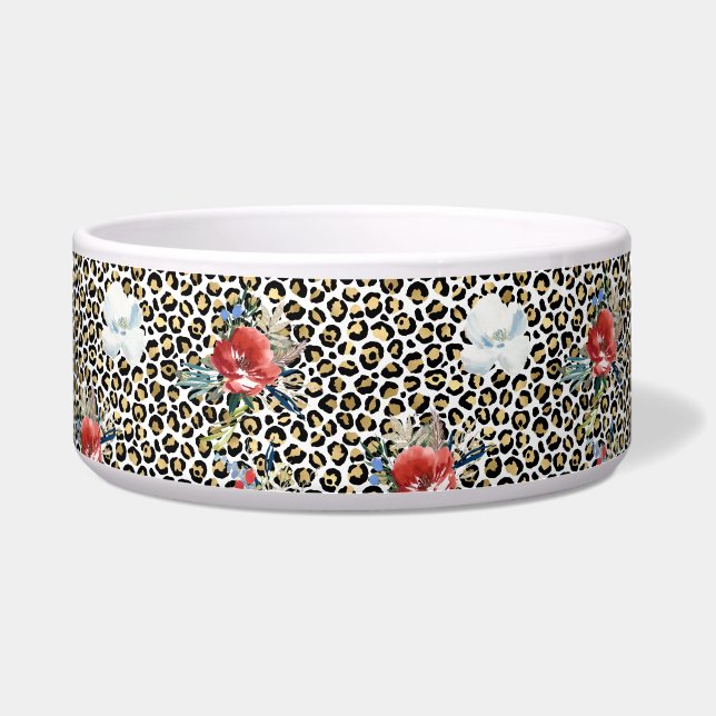 Tigela Dourado Leopardo Impresso Vermelho Floral Branco (Frente)