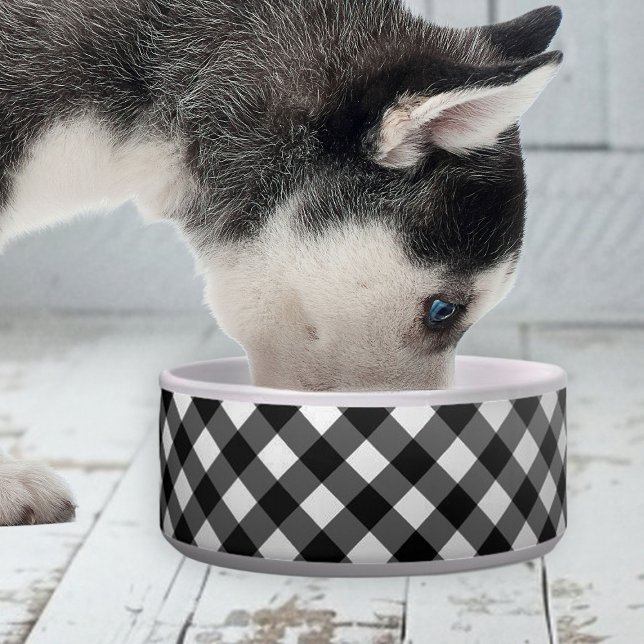 Tigela Elegant Cute Gingham Check ceramic pet bowl  (elegant cute black and white gingham bowl for dogs)