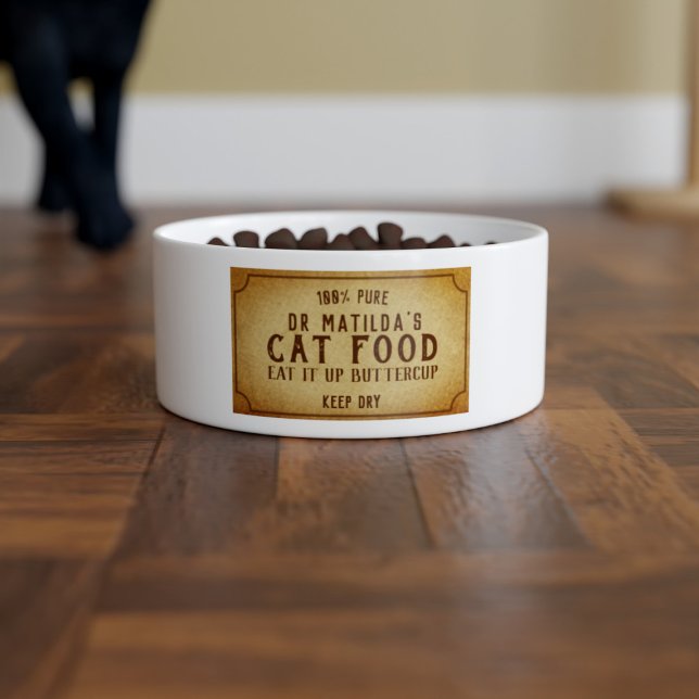Tigela Engraçado Comê-lo Acima Pet Nome do Pet Cat Bowl (Add your cat's Dr name to this funny apothecary style vintage cat food bowl)