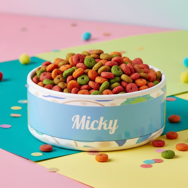 Tigela Fantasy Flores Azul Cerâmica Verde Pet Bowl (Give him a food bowl to be proud of. Pastel blue fantasy flowers with his name too.)