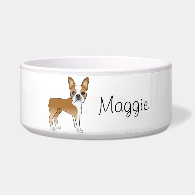 Tigela Fawn Boston Terrier Cute Cartoon Dog Com Nome (Frente)