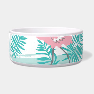 Tigela flamingos cor-de-rosa, palmeiras verdes, tropicais