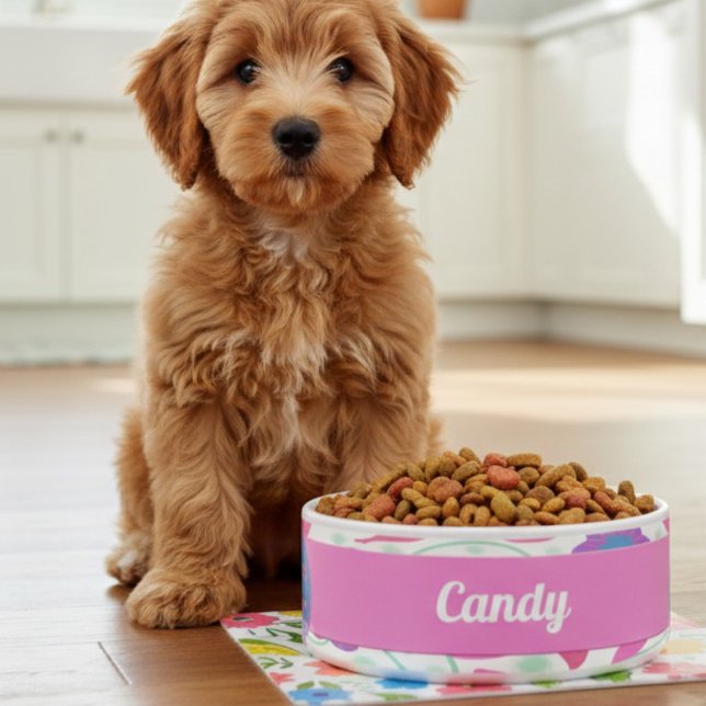 Tigela Flores de Fantasia, Pinto Azul, Cerâmica Pet Bowl (She deserves it custom made. Cute fantasy flowers in pink and purple make this food bowl super cute.)