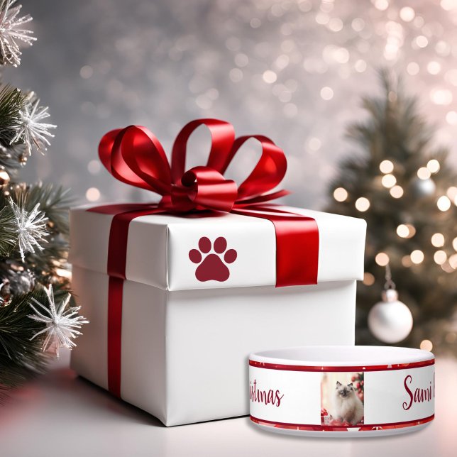 Tigela Foto de Festivo Red and White Stars Foliday (Cat / Dog Photo Holiday Bowl)