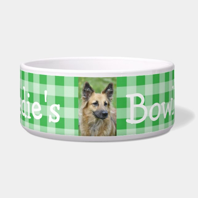 Tigela Foto personalizada e nome Dog Bowl Green Gingham (Frente)