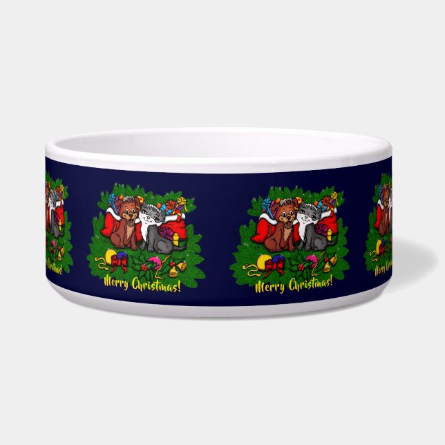 Tigela Gatinho e puppy, XMas feliz (Frente)