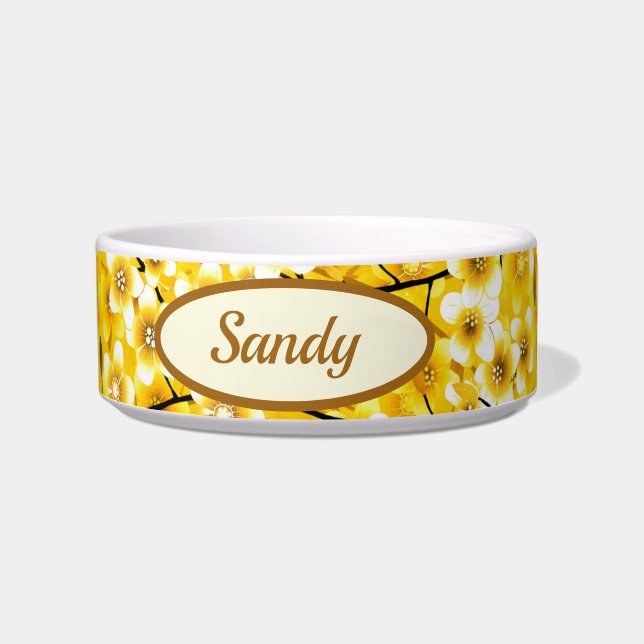 Tigela Gato bonito de Padrão Botânico Floral Amarelo (Frente)