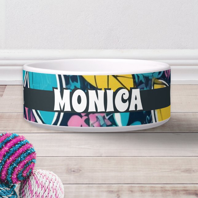 Tigela Gato Legal de Flores de Hippie Brilhante de Groovy (A cute personalized food/water bowl with 'Cool Cat' words on the sides, with groovy colorful pattern)