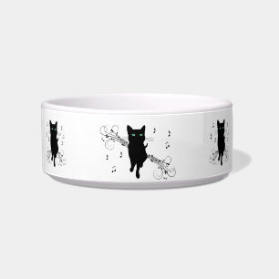 Tigela Gato Preto Rodeado por Notas Musicais Sussurrantes