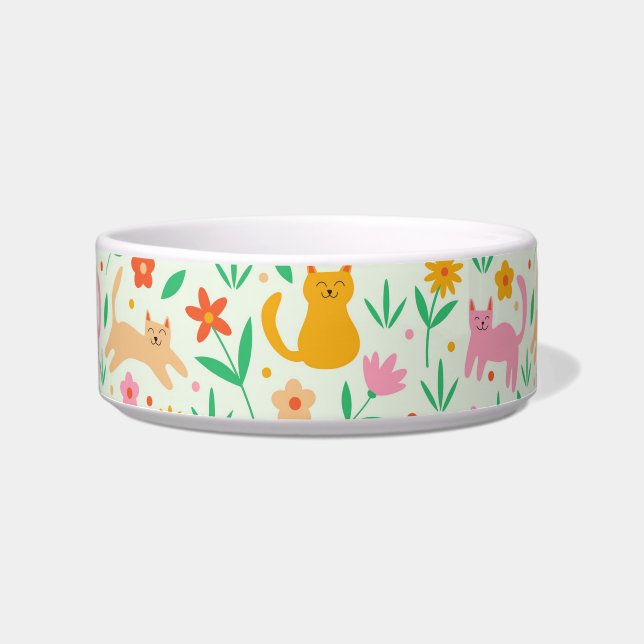 Tigela Gatos Felizes e Fofos com flores Laranja Vermelho  (Frente)