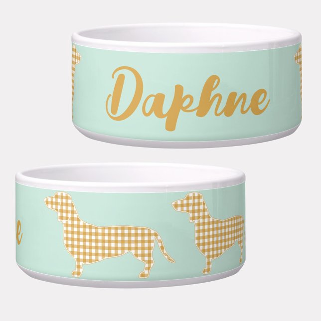 Tigela Gingham Dachshund Mint Personalizado (Personalized Gingham Dachshund dog bowl with script name)