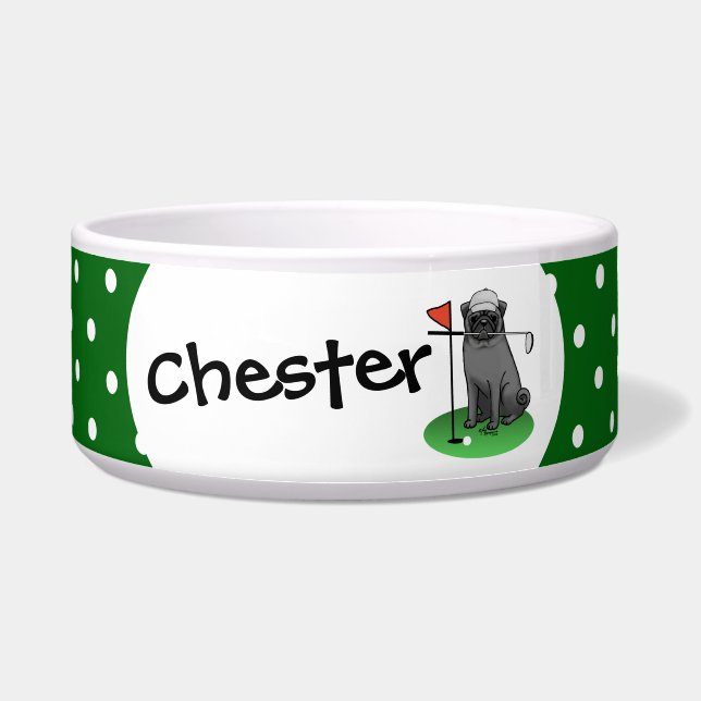 Tigela Golf Pug Jogando Golfe (preto) Cachorro Bonito Eng (Frente)