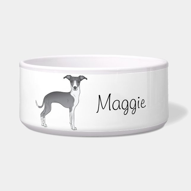 Tigela Greyhound Italiano Azul E Branco Com Nome Personal (Frente)