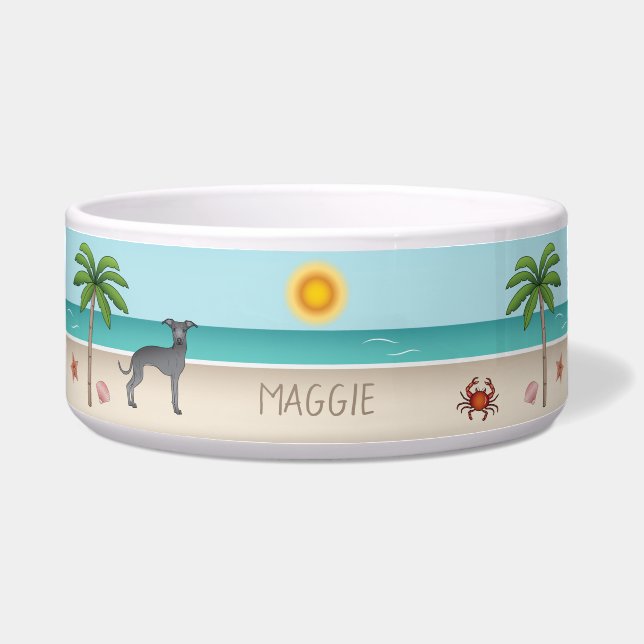 Tigela Greyhound Italiano Azul Na Praia Tropical De Verão (Frente)