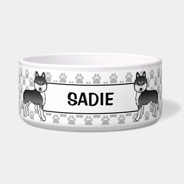 Tigela Husky Siberiano Negro E Branco Com Nome De Pet (Frente)