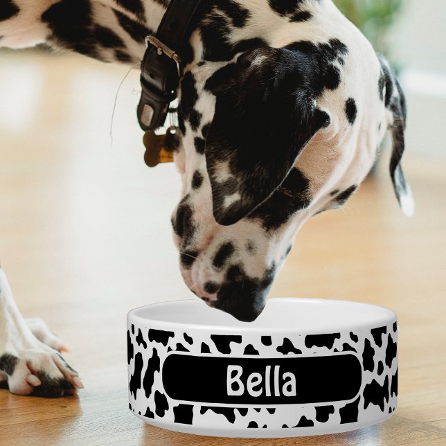 Tigela Impressão de Vaca de Fazenda Preta e Branca (black and white cow print pet bowl with Dalmatian dog)