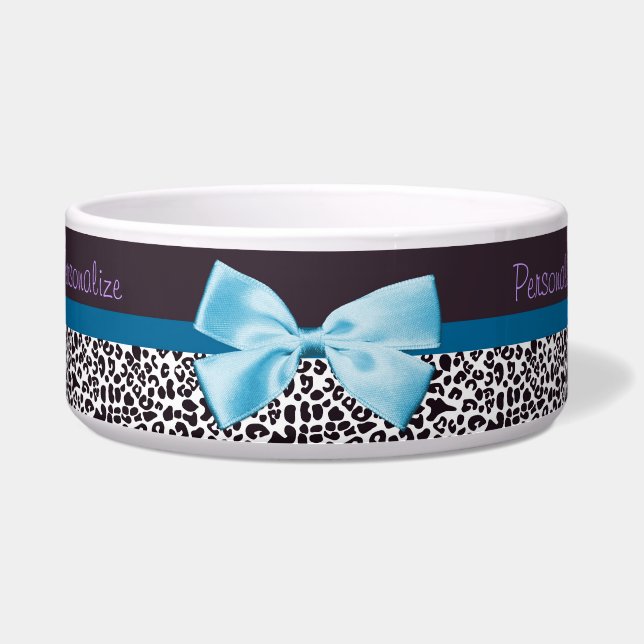 Tigela Impressão na moda do leopardo e fita azul com nome (Frente)