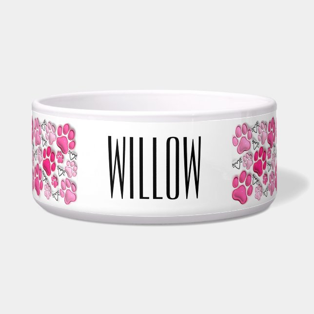 Tigela Impressões de pata 3D rosa e Comida de água canina (Frente)