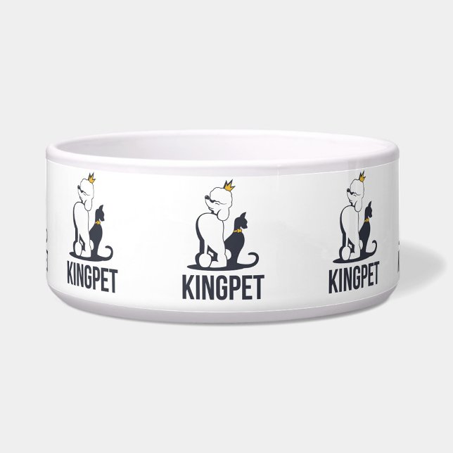Tigela King-Pet (A white pet bowl with the words "KINGPET" and a cartoon of a dog and cat wearing crowns. )
