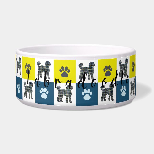 Tigela Labradoodle Dog & Paw Yellow & Blue Grid Dog Bowl (Frente)