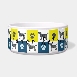 Tigela Labrador Cachorro e Pata Amarelo e Blue Grid Dog B