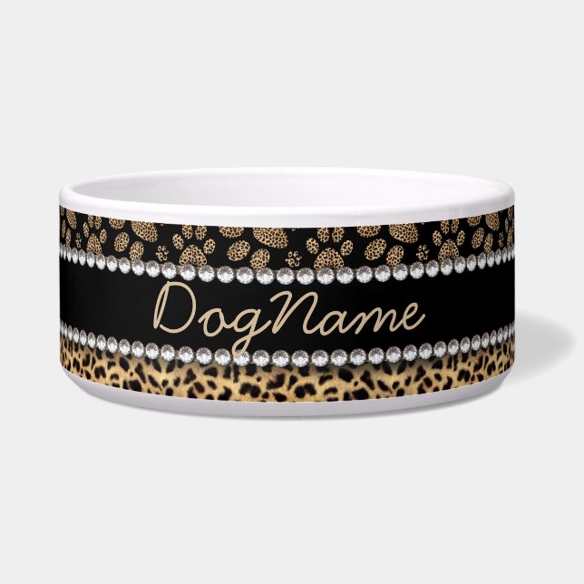 Tigela Leopard Spot Paw Imprime Diamantes Rhinestone (Frente)