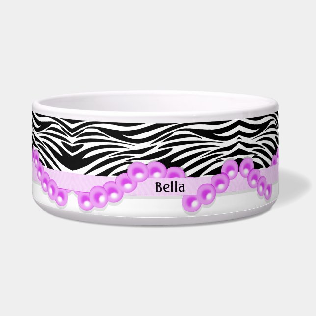 Tigela Listras personalizadas da zebra e pérolas (Frente)