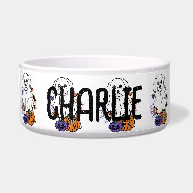 Tigela Maltês Halloween Ghost Dog (Frente)