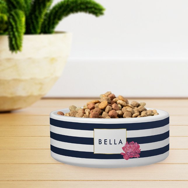 Tigela Marinho Stripe e Pink Peony - Pet Bowl Personaliza (Criador carregado)