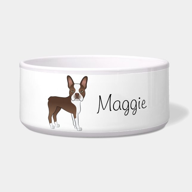 Tigela Marrom Boston Terrier Cute Cartoon Dog Com Nome (Frente)