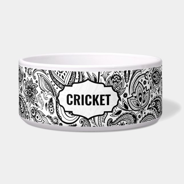 Tigela Monograma de padrão de Paisley preto e branco (Frente)