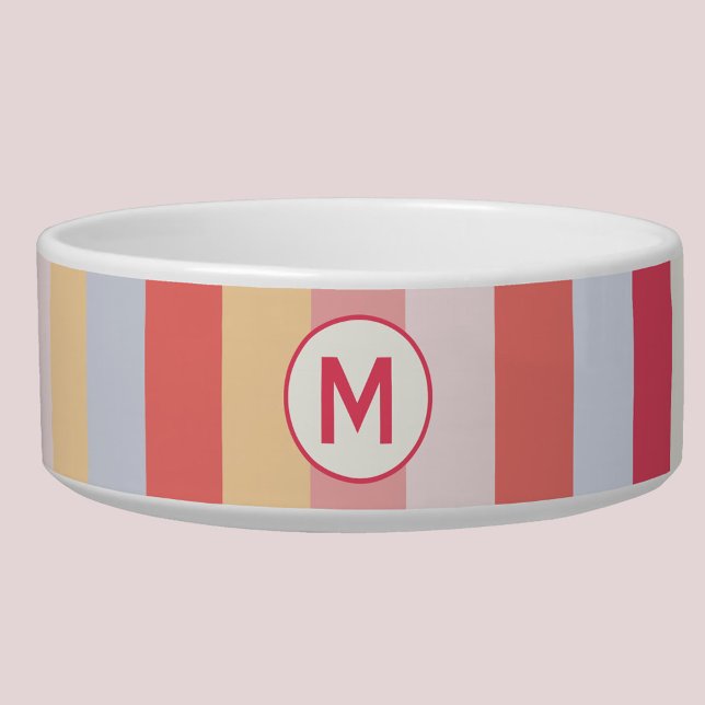 Tigela Monograma Moderno, Greve Inicial de Doces Pastel (Pastel striped personalized monogram initial pet bowl)