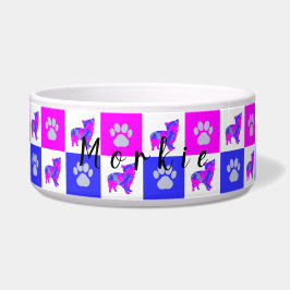 Tigela Morkie Terrier Dog & Paw Hot Pink & Blue Pet Bowl