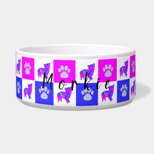 Tigela Morkie Terrier Dog & Paw Hot Pink & Blue Pet Bowl
