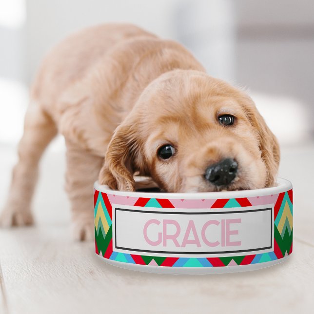 Tigela Mountain Peaks Design com Pet Name (A retro colorful dog bowl for your pup!)