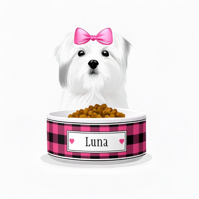 Tigela Nome da Xadrez de Buffalo Rosa e Negro (pink and black plaid personalized dog bowl)